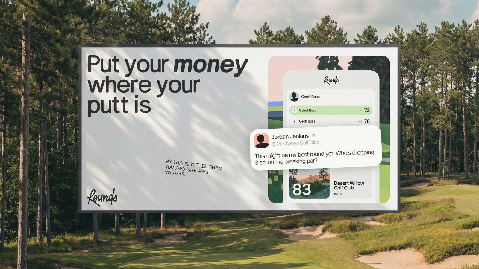 Rounds golf scorekeeping app billboard showing live round scoring and side bets