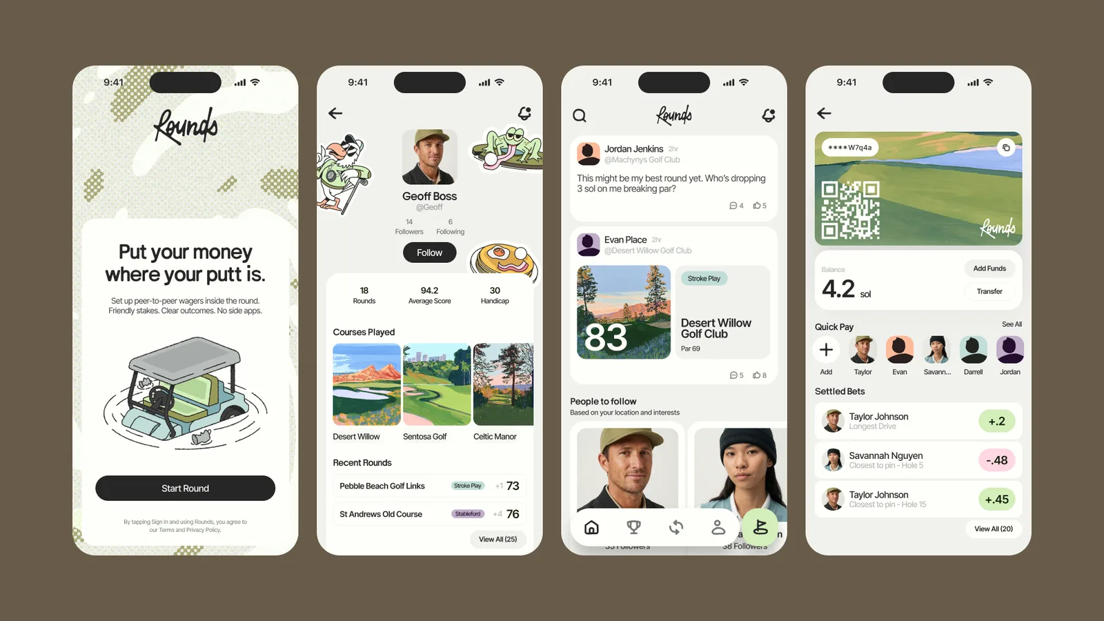 Rounds golf wagering app UI with live scorecard and in-app bet settlement